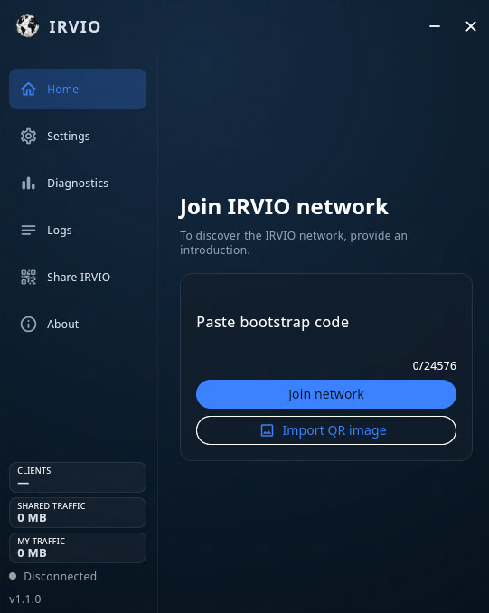 IRVIO bootstrap import screen